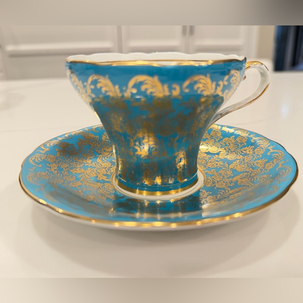 Aynsley Turquoise Gold Chintz China Teacup & Saucer Set‎